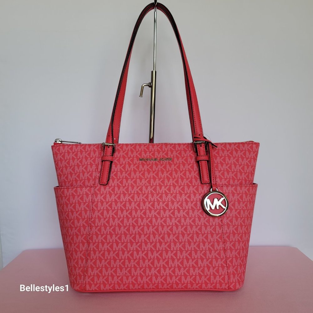 MICHAEL KORS Jet Set East West Top-Zip Signature Logo Tote Bag- Geranium color⭐ - Picture 5 of 16
